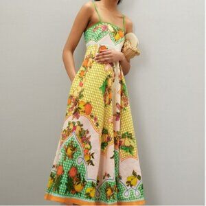 Caroline Constas Linen Floral Fruit Maxi Dress Size Small